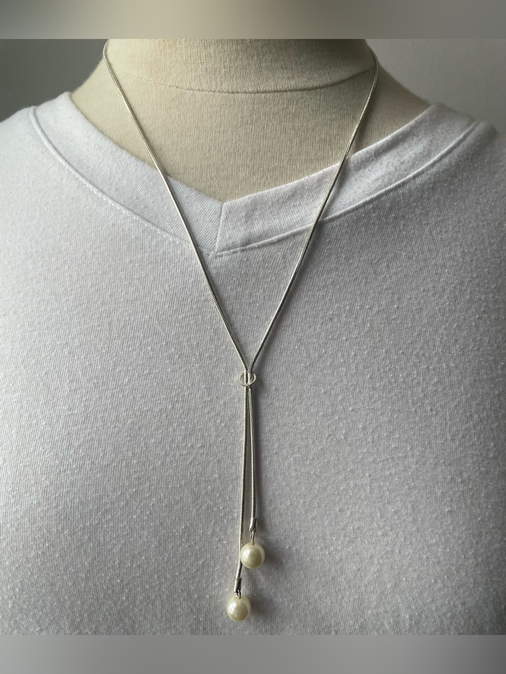 Silver-Tone Y-Necklace with Creamy Pearl Drops